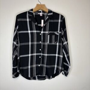 Victoria's Secret Women's Sz M Black Flannel Long Sleeve Button Front PJ Top NWT